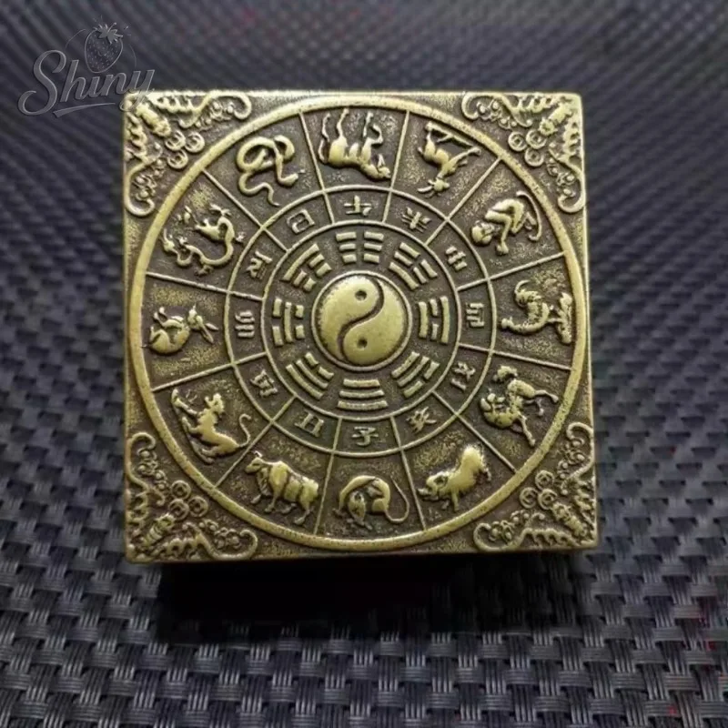 

Antique Stationery Four Treasures Copper Inkwell Seal Ink Box Twelve Zodiac Signs Square Ink Box