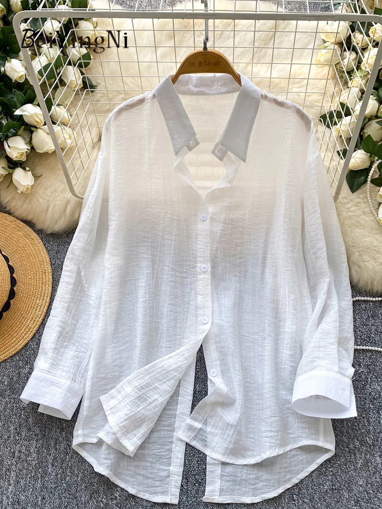

Beiyingni Spring Autumn Women Thin Oversized Shirts Solid Color Back Cross Design Long Sleeve Tops Woman Casual Korean Blusas