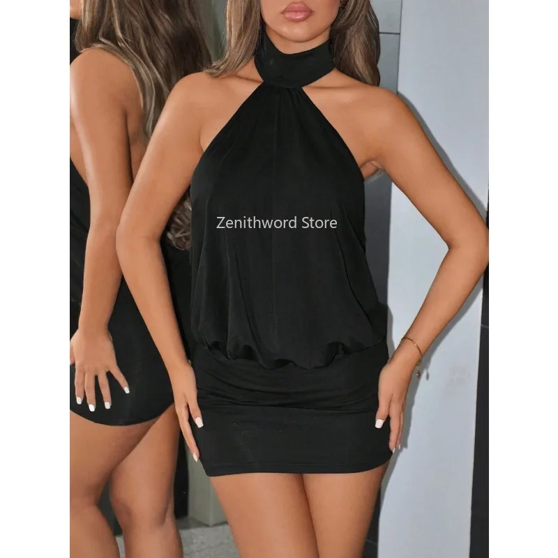 Vestido de verano para mujer, liso, sin espalda, con cordones, halter, mini, ajustado 5