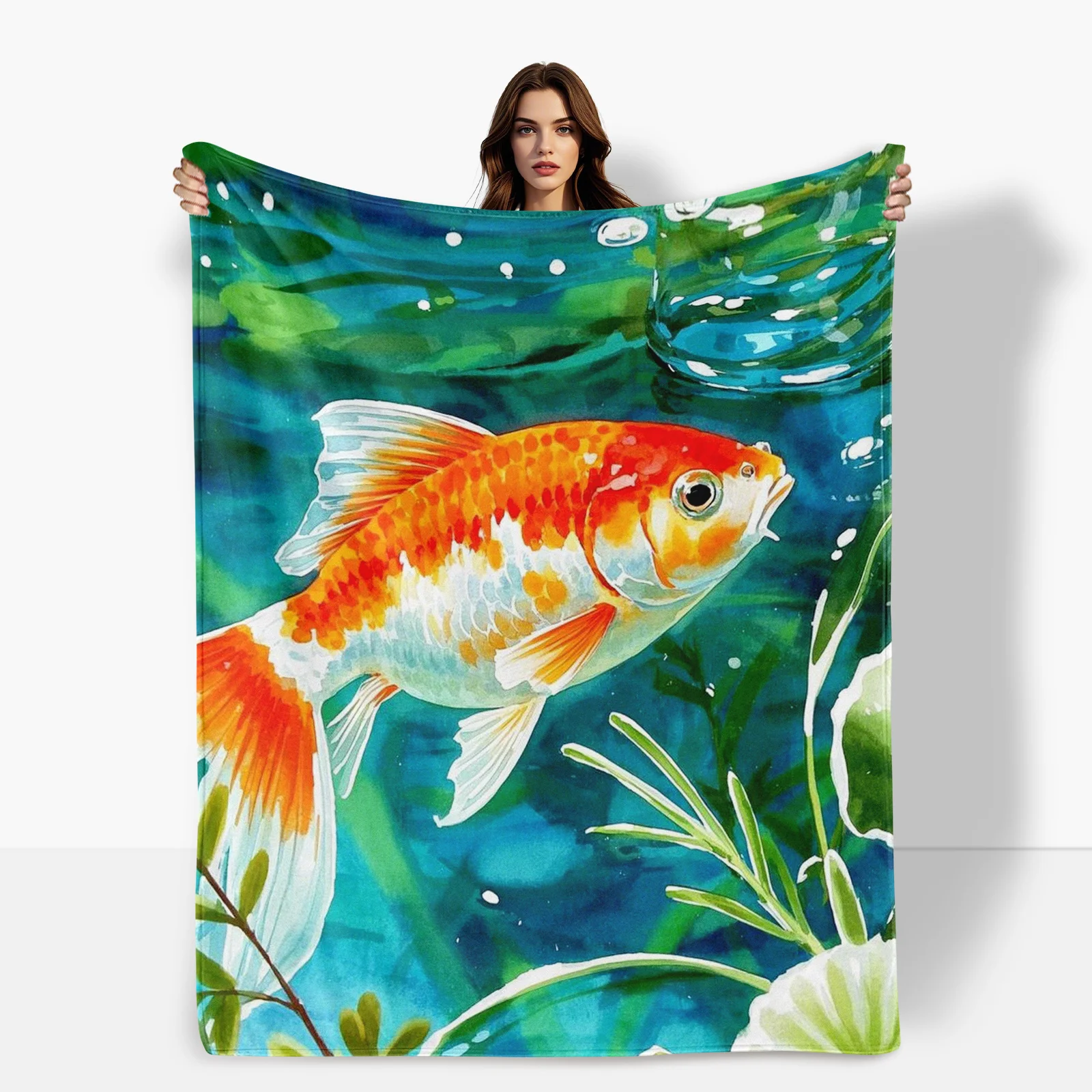 Graceful Watercolor Goldfish And Water Plants Blanket Perfect For Adding Harmony To Any Room