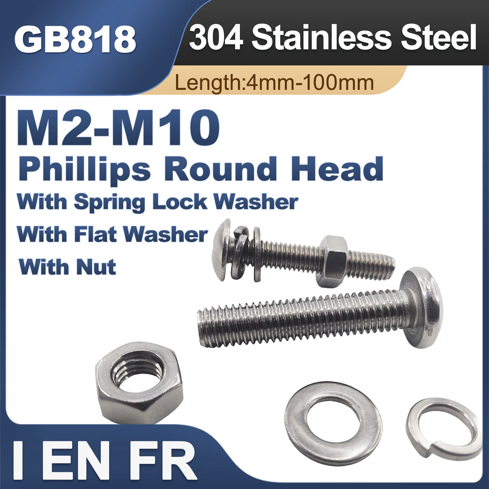 1-50Pcs GB818 Standard M2-M10 Phillips Pan Head Screw Bolts 304 Stainless Steel Round Head Lengthened Screws with Nut Washer