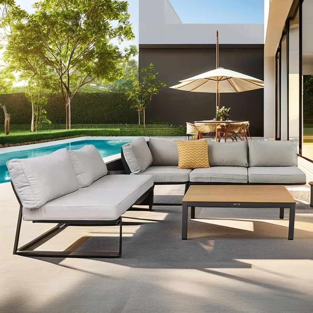 Muebles recién llegados momoda muebles de exterior mayorista de diseño sofá de jardín modular en forma de L con brazo mesa de centro de teca