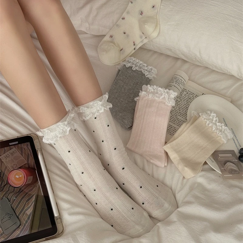 Lace Frilly Socks Women Japanese JK Lolita Kawaii Polka Dot Medium Tube Socks Spring and Summer Thin Mesh Breathable Women Socks