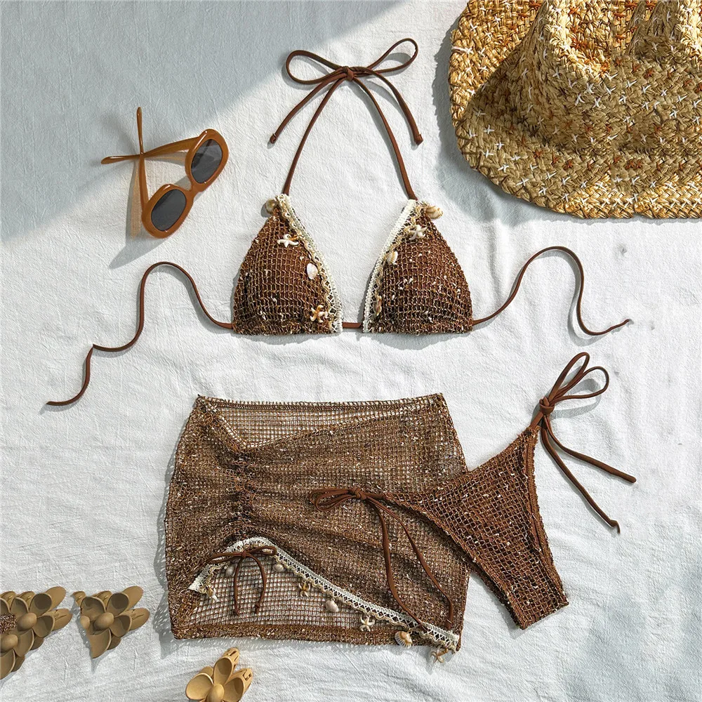 Brown Crochet String Halter 3 Piece Bikini Set Mini Skirt Shell Ornament Swimwear Sexy Micro Thong Swimsuit 2026 Woman Beachwear