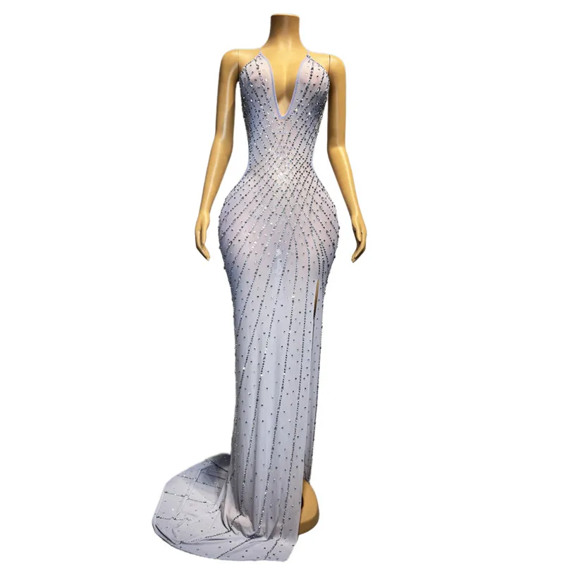 Sexy Elegant Rhinestones Pink Transparent Split Backless Gown Women Evening Party Celebrity Model Catwalk Wedding Long Dress
