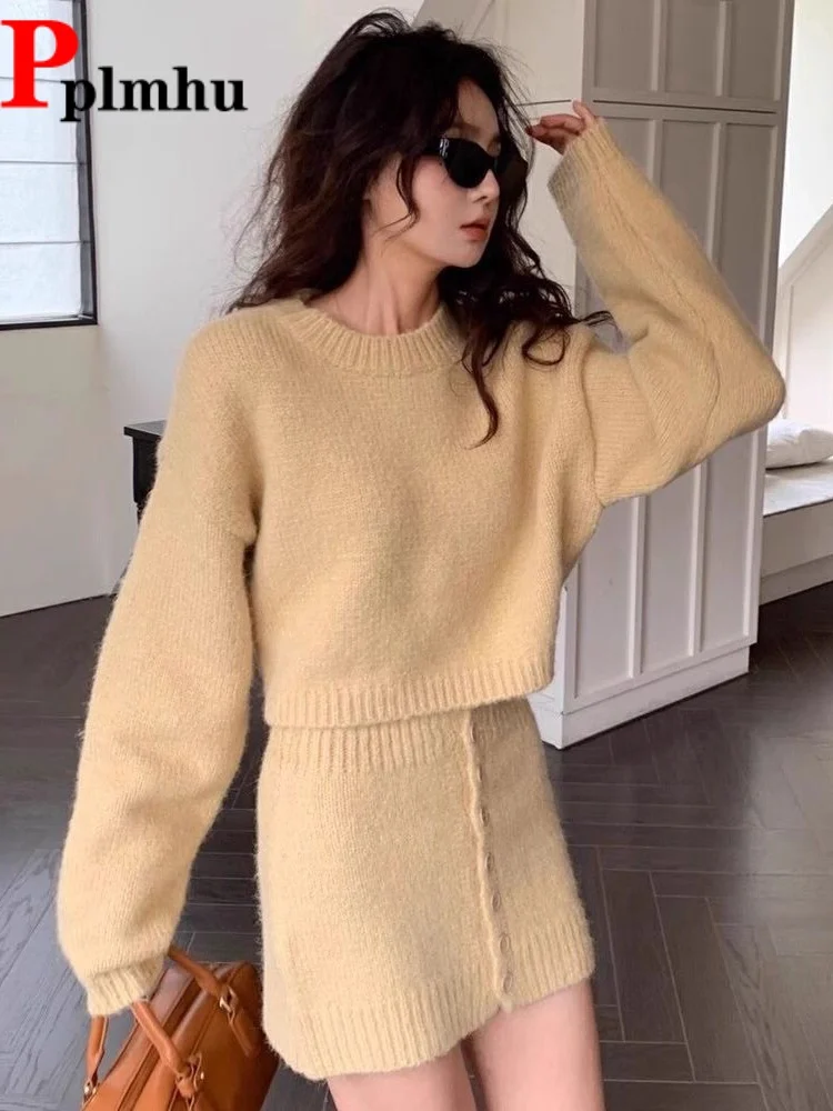 

O-Neck Baggy Knitted Conjuntos Women's Casual Korean Fashion Long Sleeved 2 Piece Set High Waist Straight Skirt Ensemble