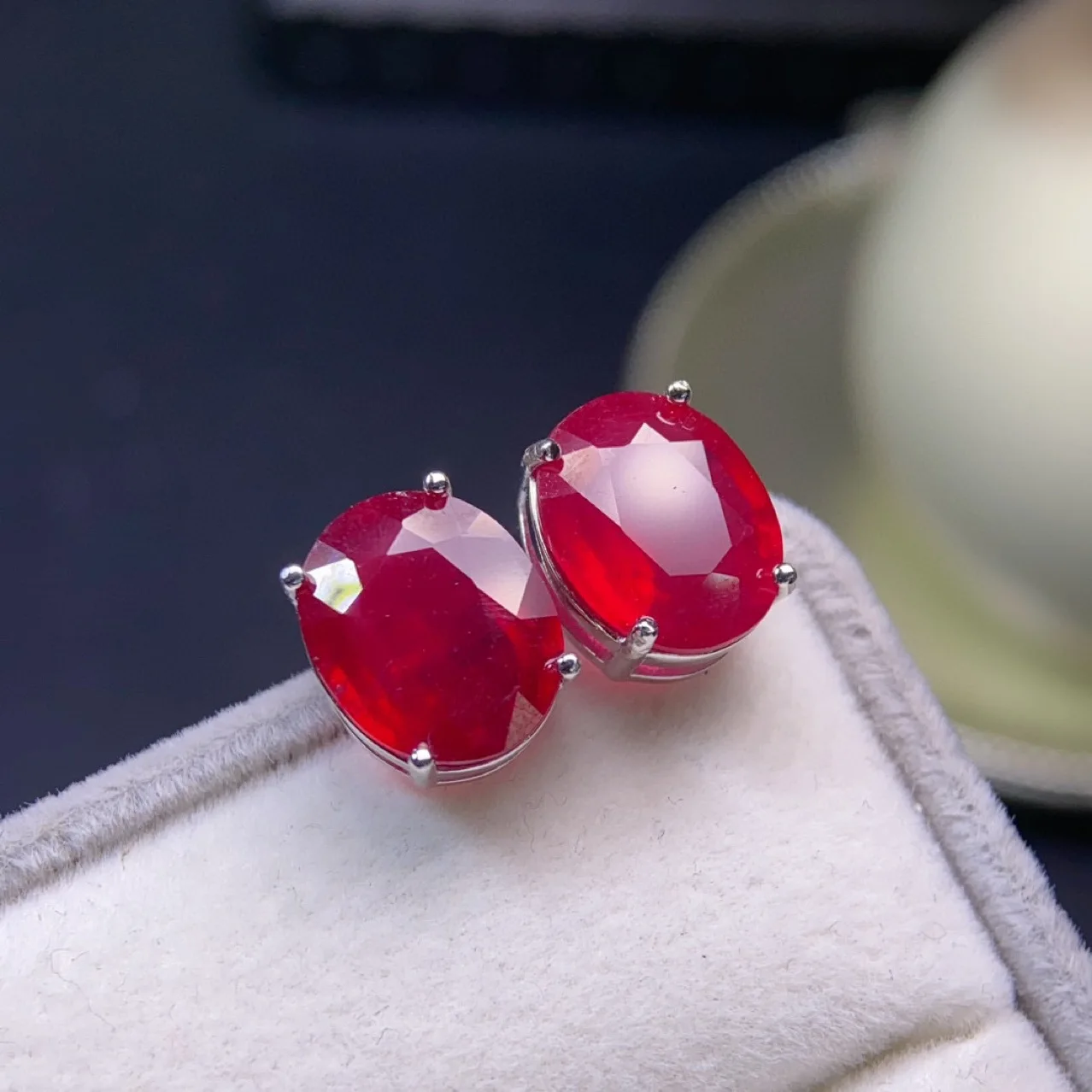 New Heat-Treated Ruby Stud Earrings, Oval Cut 10*12mm, 925 Sterling Silver Setting