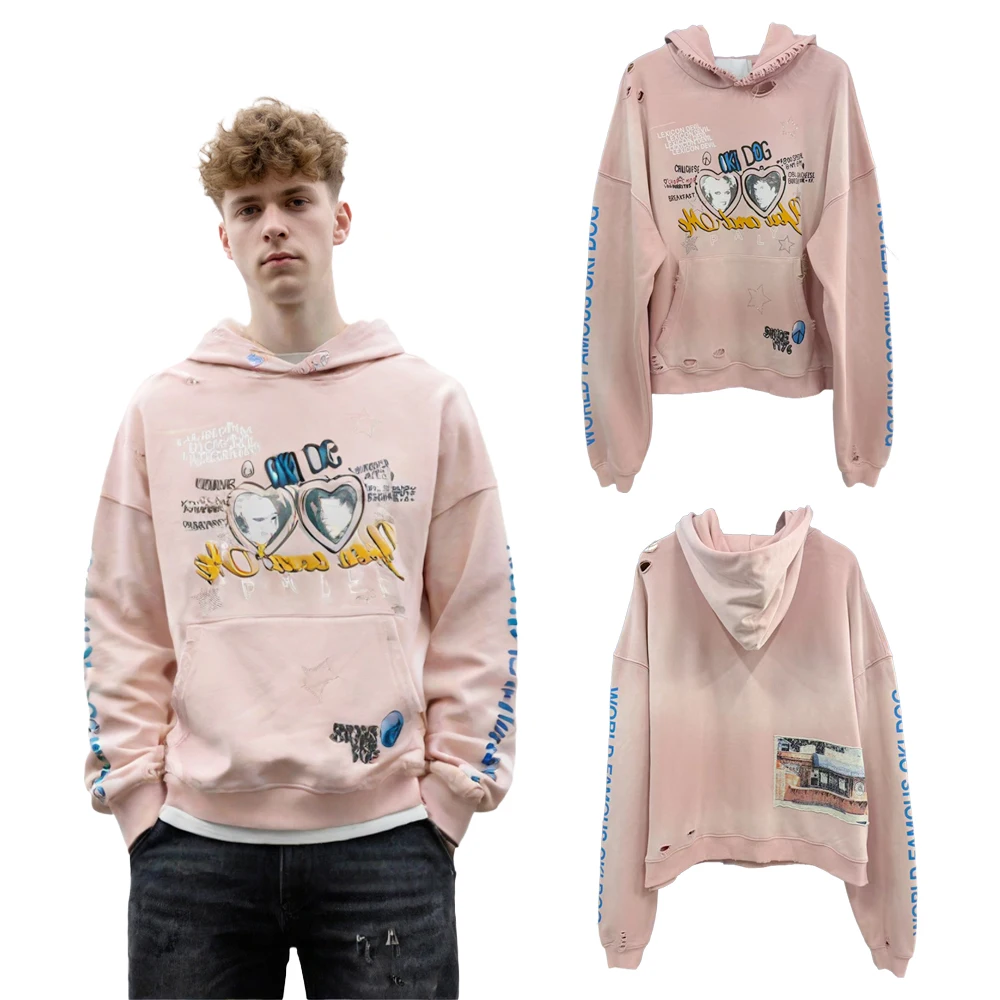 New Y2k Streetwear Distressed Pink Oversized Hoodies Hiphop Street Style Cotton Vintage Ripped Hole Print Graphic Casual Hoodies