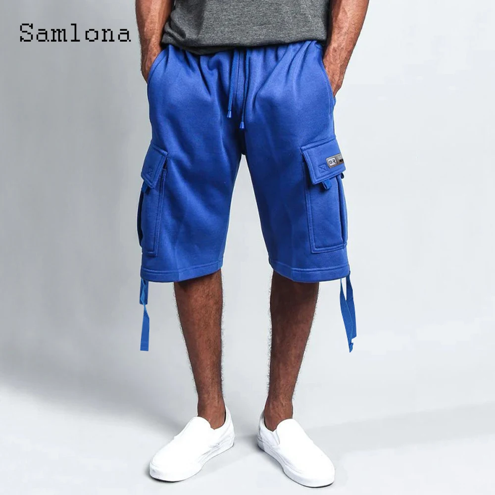 Men's Cargo Shorts Sexy Half Pants Blue White Patchwork Lace-up Pocket Male Sweatpants 2023 Summer New Fashion Hip Hop Shorts