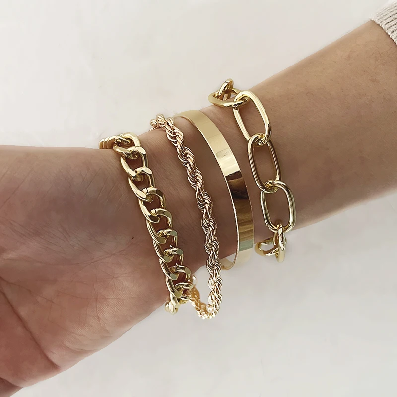 Boho Thick Gold Color Charm Bracelets Bangles 2022 New Fashion Jewelry 4pcs Punk Curb Cuban Chain Bracelets Set for Women Gifts