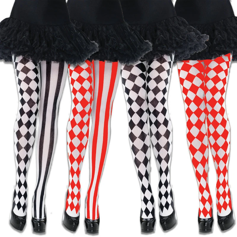 Halloween Cosplay Pantyhose Diamond Stripe Pattern Asymmetric Tights Gothic Lolita Stockings Carnival Clown Costume Accessories