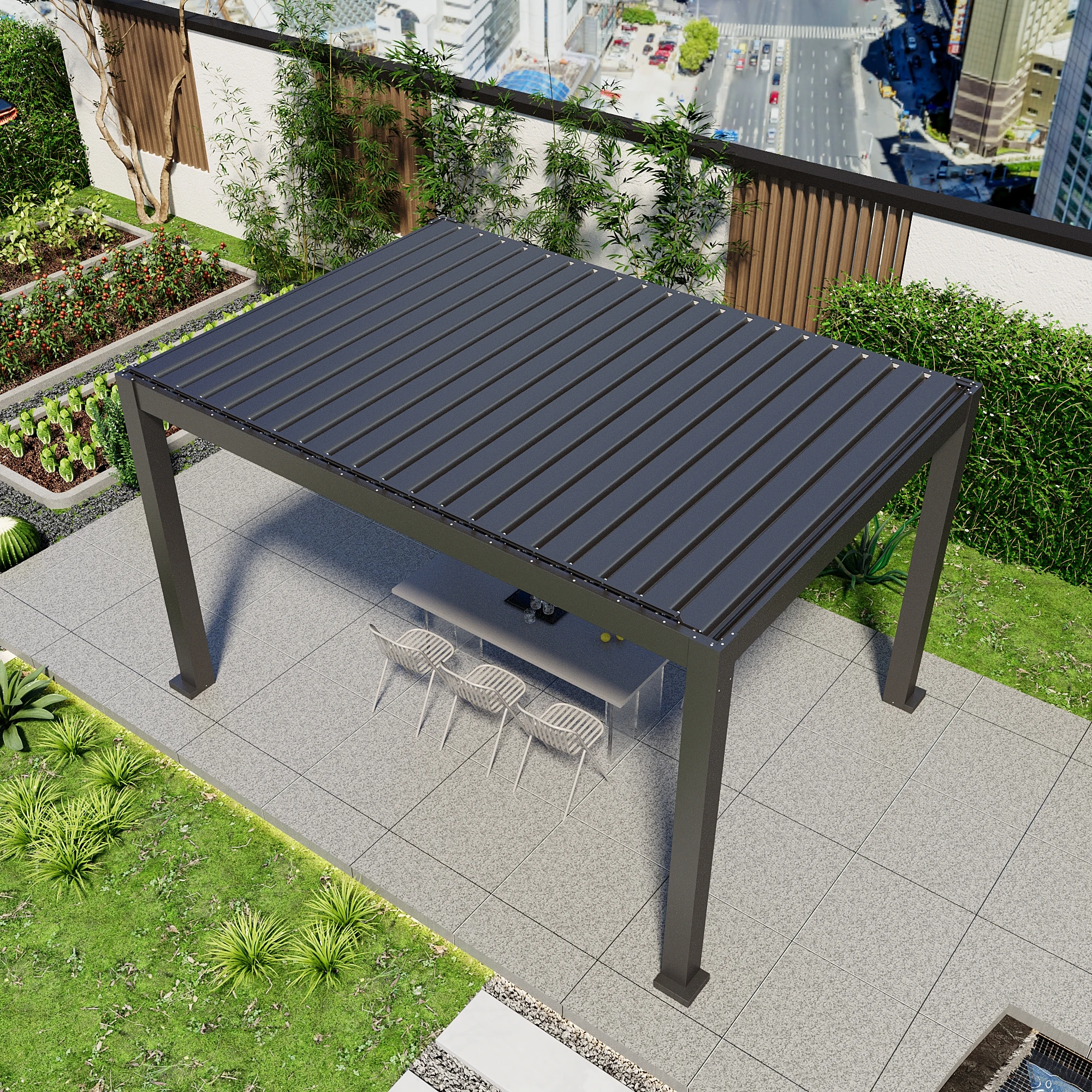 Intelligent Electric Venetian Blinds Pavilion. Automatically Closes Upon Rain Detection. Customizable Size.