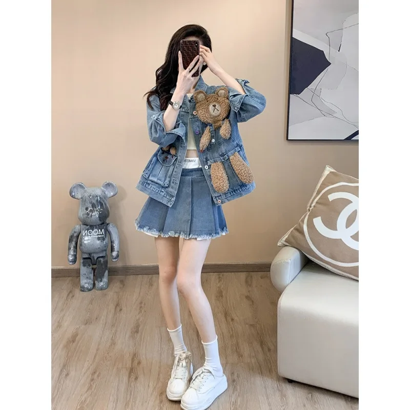 2025 Spring and Autumn New Women's Clothing Cute Design Korean Style Cartoon Bear Blue Casual Daily Denim Jacket