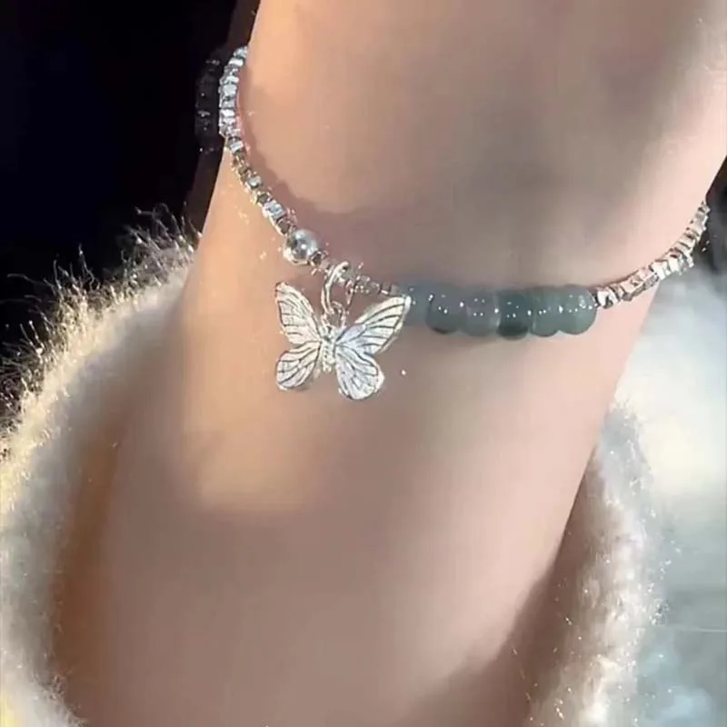 جديد الأخضر كريستال فراشة شكل قلادة سوار للنساء موضة المعادن غير النظامية هندسية مطرز سلسلة سوار مجوهرات