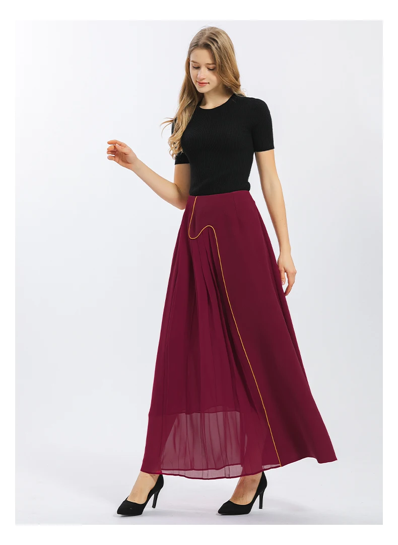 

40 Momme Heavyweight Mulberry Silk Ghost Red Double Layer Topstitched Decorative Pleated Large Swing Silk Skirt Women CE163