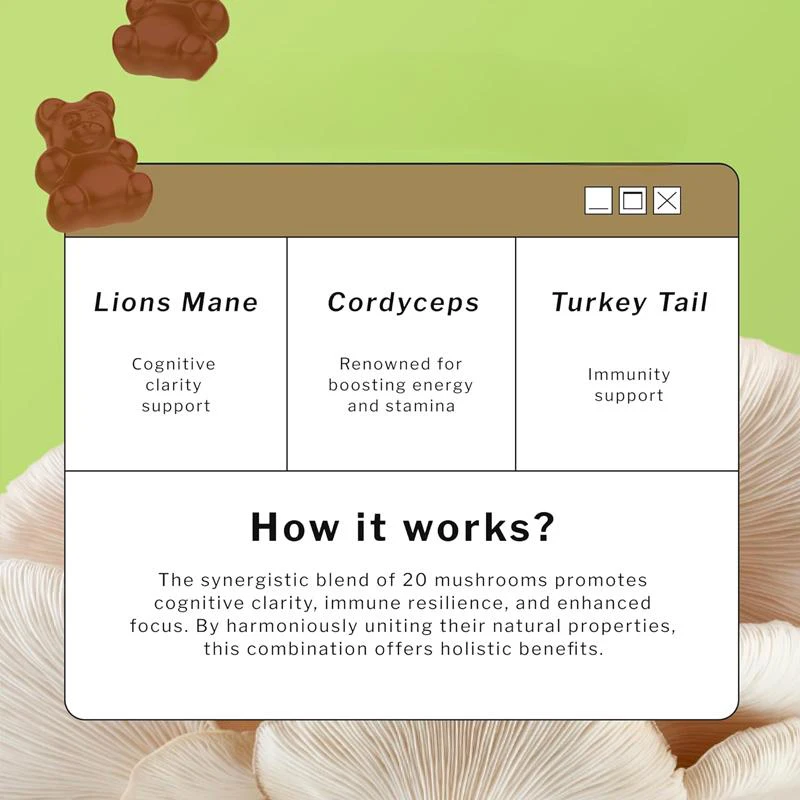 20 tipos de gomitas compuestas de setas, que contienen melena de León, cordyceps, lingzhi, setas y otros tipos de soporte inmunológico