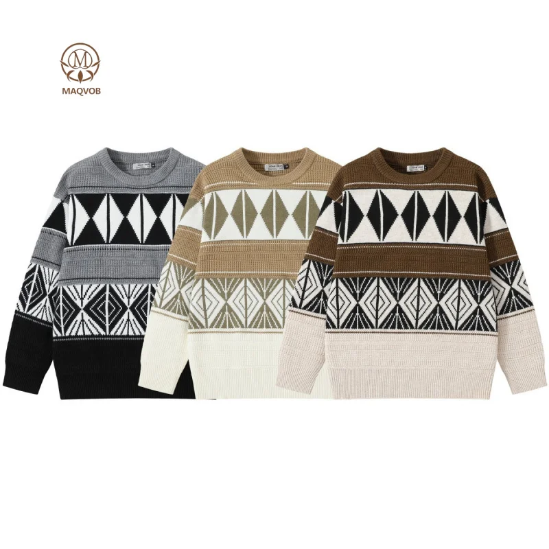 

MAQVOB EU US Size Mens Geometry Pattern Crewneck Sweaters Casual Knit Long Sleeve Slim Loose Fit Winter Sweater For Holiday