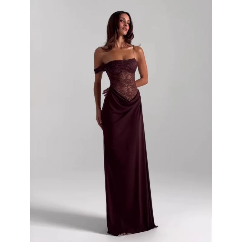 Nieuwe collectie off-the-shoulder kanten sensuele strapless jurk hoge taille uitgesneden lange lengte effen kleur jurk