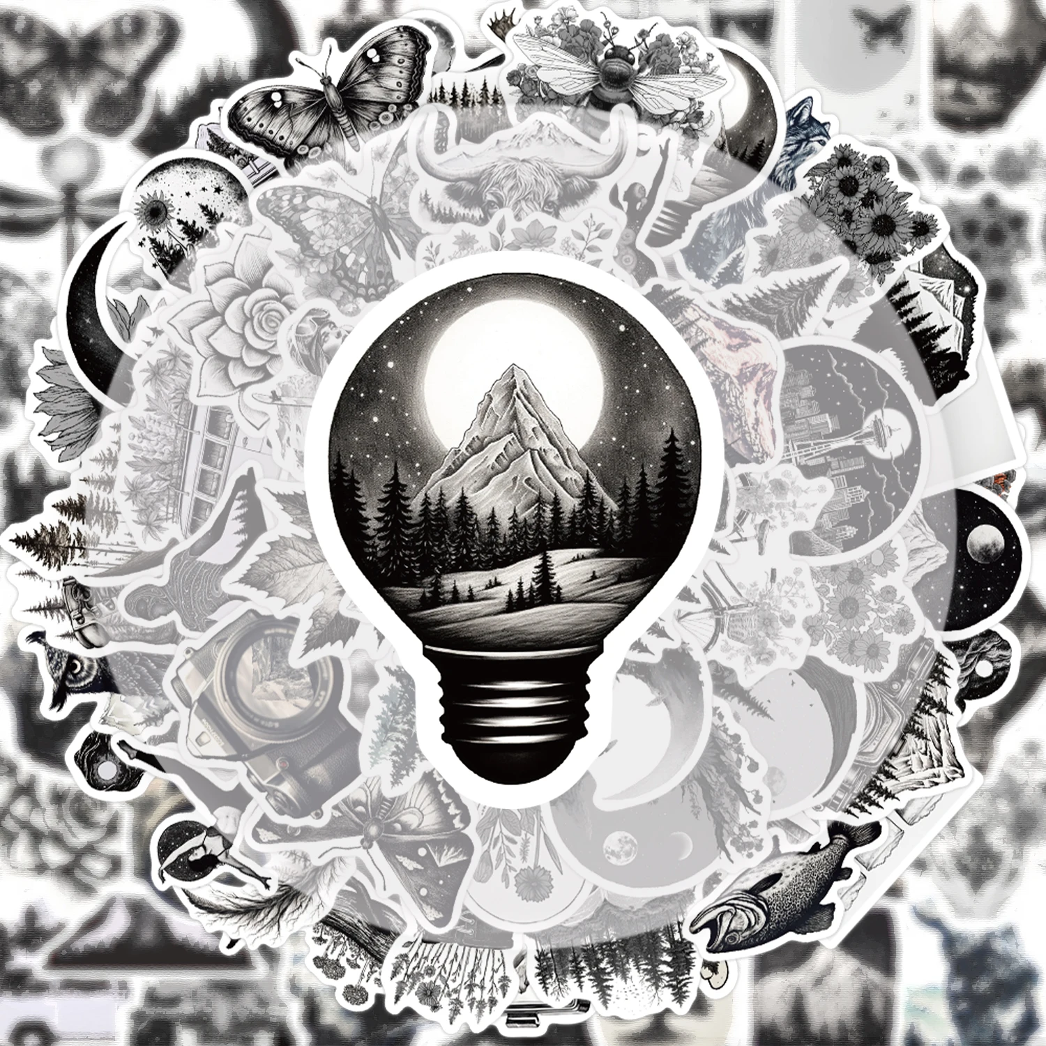 60 schwarz-weiße Naturillustrations-Graffiti-Aufkleber, geeignet zum Dekorieren von Wasserflaschen, Laptops, Mobiltelefonen, Koffern, Skateboards, Gitarren, Geschenkboxen und Partydekorationen
