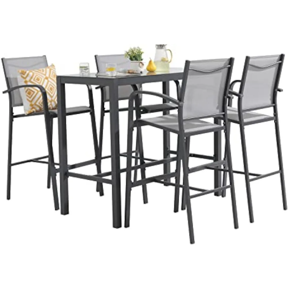 5-Piece Patio Bar Set, All-Weather Aluminum Textile Fabric Outdoor High Top Dining Table and Chairs, 4 Metal Bar Height Stools