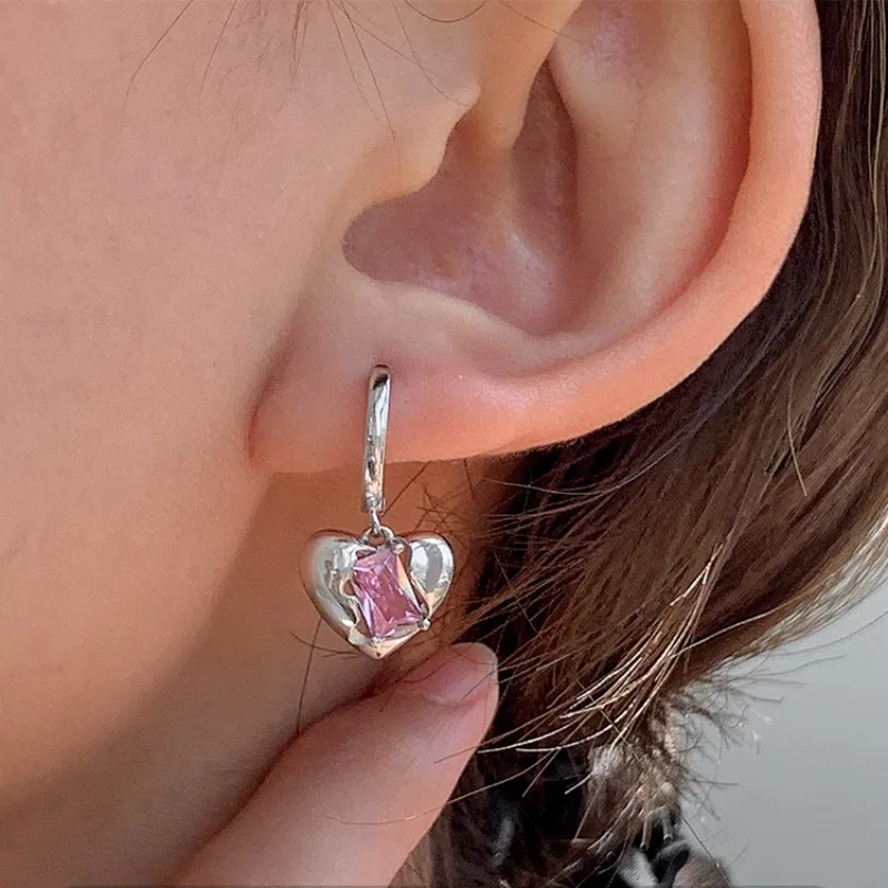 

925 Sterling Silver Vintage Pinke Stone Heart Earrings For Women Trendy Earring Jewelry Prevent Allergy Party Accessories G