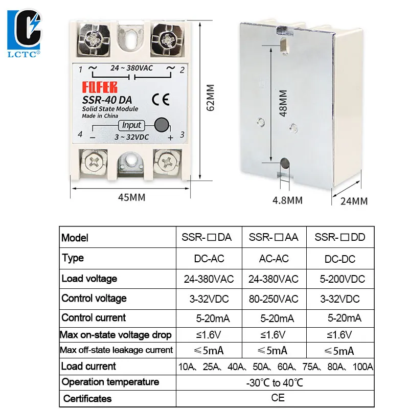 LCTC 1pcs Solid State Relay Single Phase Non-contact SSR DC To DC AC To AC DC To AC 24-380VAC 10A 25A 40A 50A 60A 80A 100A