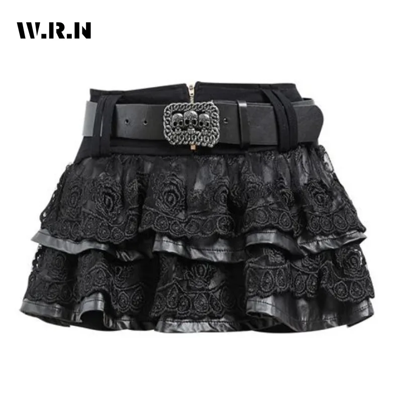 Women Dark Academia Gothic Mini Lace Skirt With Belt Gyaru Hot Sexy Coquette Japanese Y2k Harajuku 2000s Coquette Cyber Punk