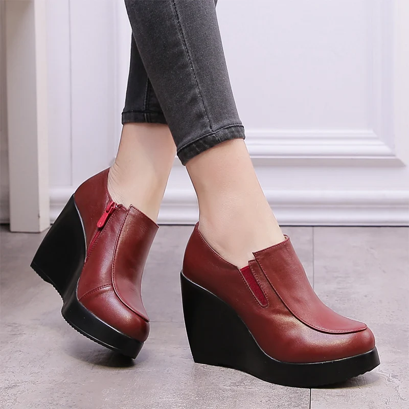 GKTINOO 2024 Wedges Women Shoe Spring Autumn Slip-On High Heels Round Toe Genuine Leather Casual Ladies Platform Shoes Woman