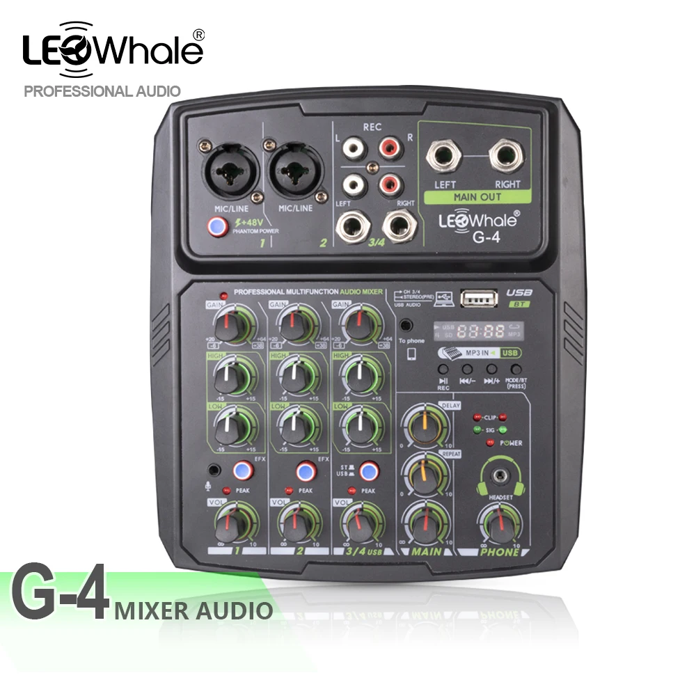 LEOwhale Digital 4 Channel Audio Interface Mixer  DJ Console with Bluetooth,USB, Monitor,Mobile Phone Live Broadcast Guitar