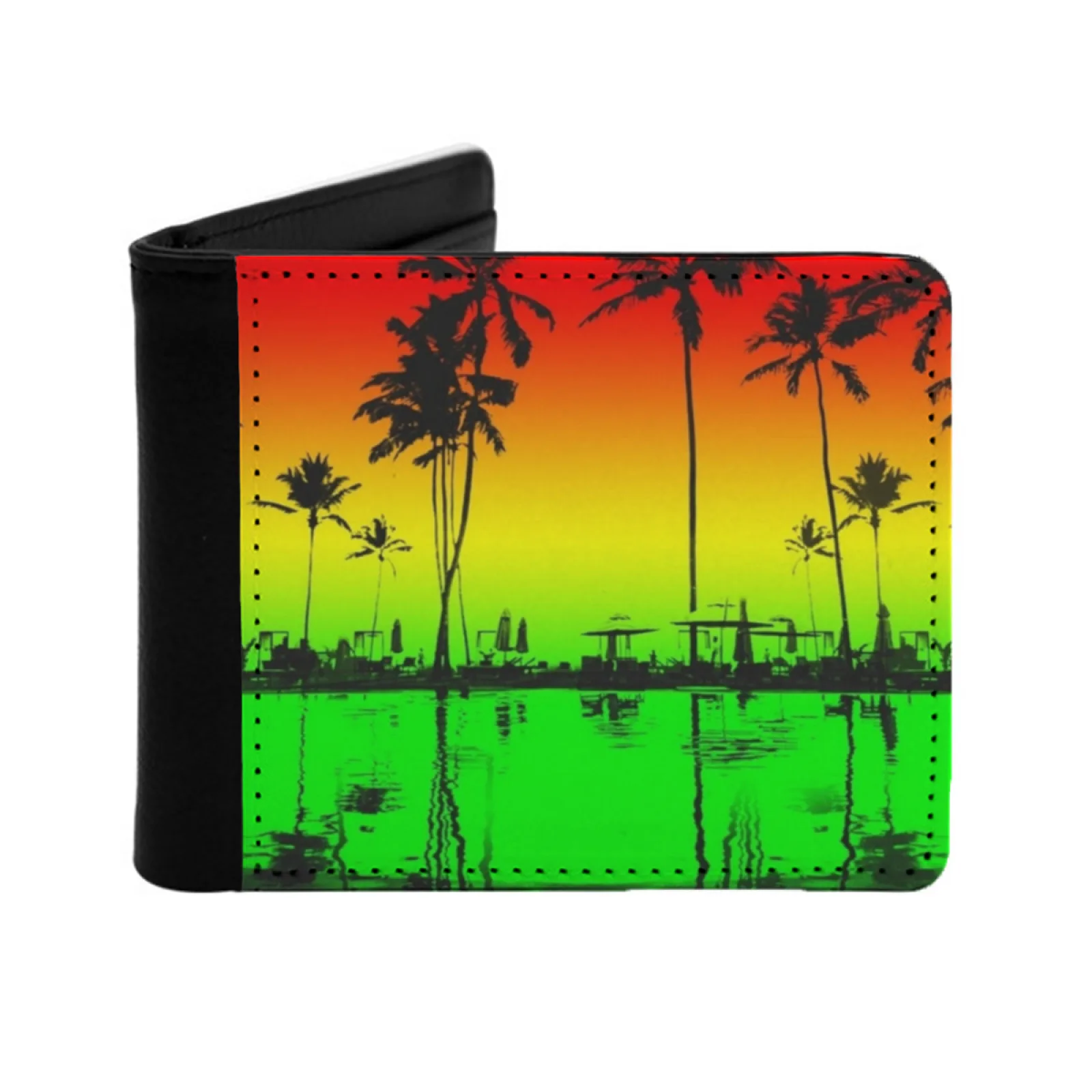 Rasta Colors Beach Silhouette Men's Wallet Pu Leather Wallet Multifunction Credit Card Purse Raggae Beach Simple Colorful Red