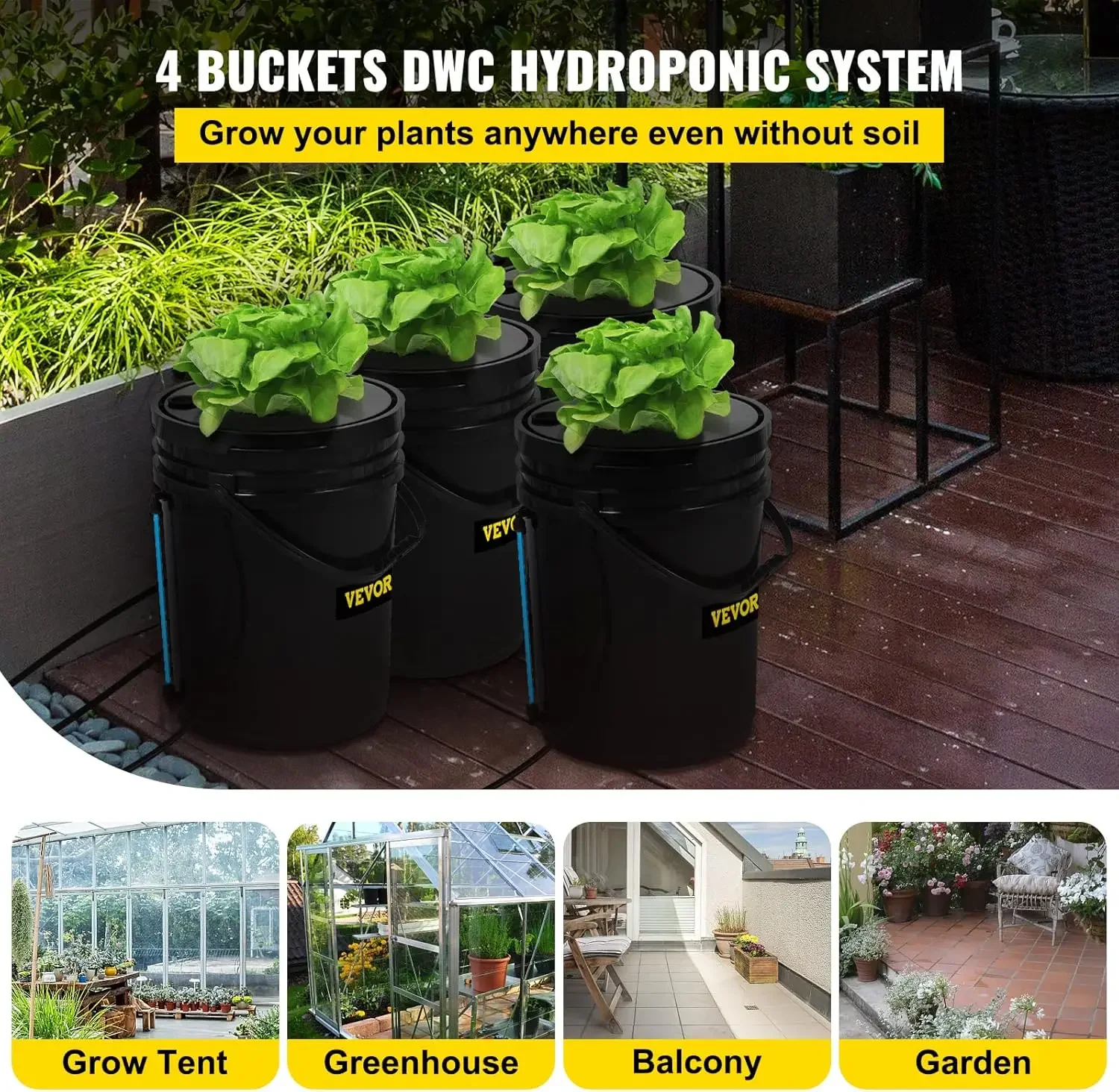 DWC Hydroponic System, 5 Gallon 4 Buckets, Deep Water Culture Growing Bucket, Hydroponics Grow Kit with Pump, Air Stone and