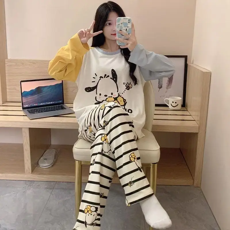 Sanrio Kawaii Hello Kitty Printed Long-sleeved Pyjamas Kuromi Anime Cartoon New T-shirt and Trousers Loungewear Set Casual Suits