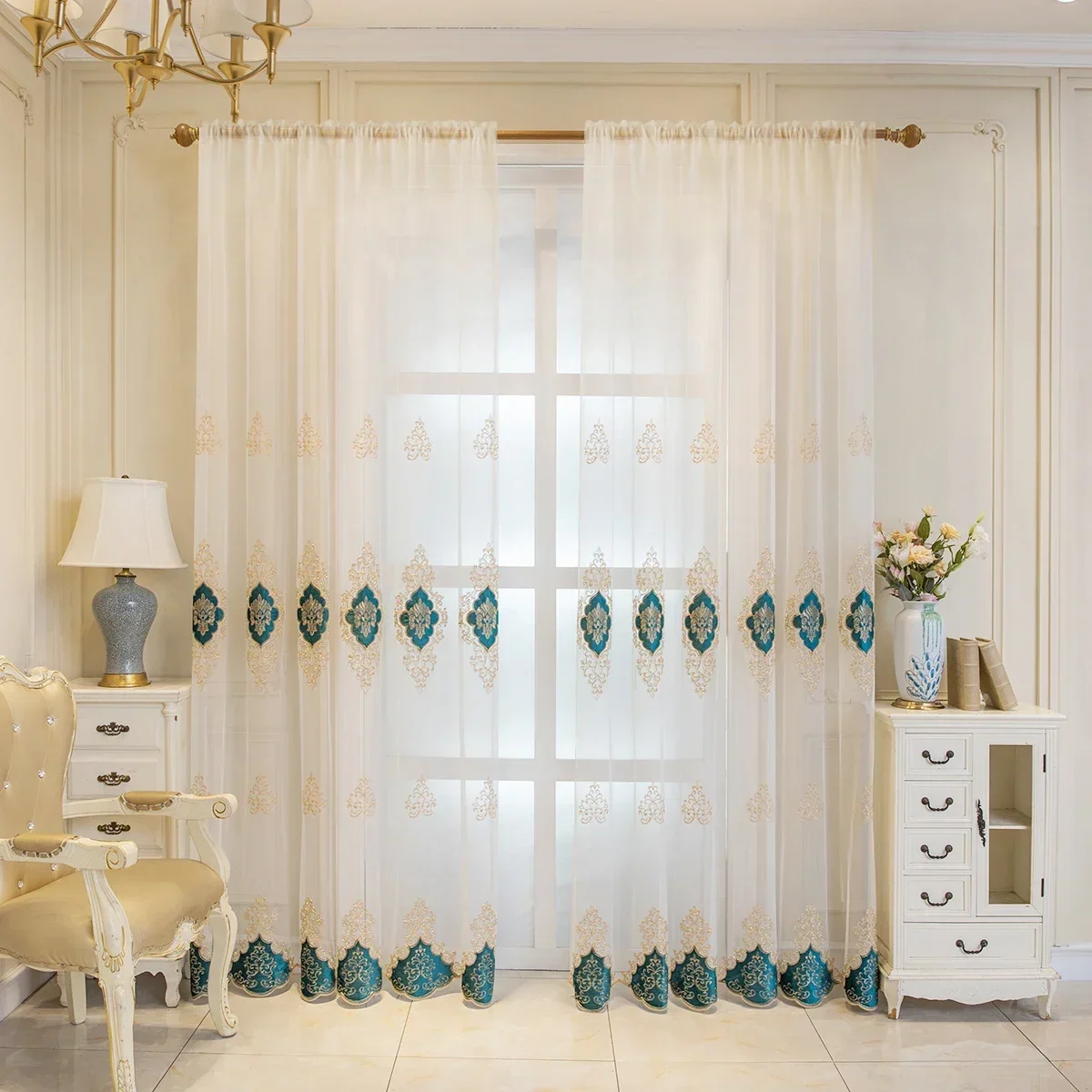 ستائر غزل شفافة لنافذة JS 1 قطعة ستارة تول مطرزة على الطراز الأوروبي الفاخر لغرفة المعيشة وغرفة نوم فوال رائعة