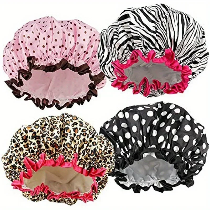 Waterproof Shower Cap Leopard Print Double Layer Elastic Shower Hair Cover Reusable Wave Point Shower Cap Bathroom Supplies