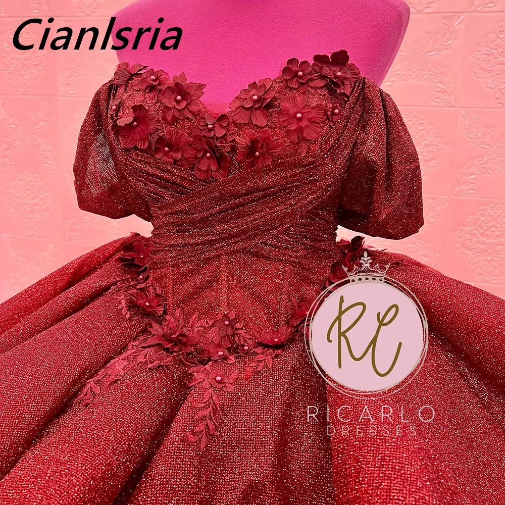 Vestido De baile plisado De cristal con purpurina roja para quinceañera, hombros descubiertos, flores 3D, corsé con volantes, 15 Años