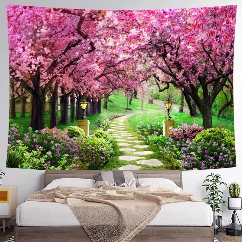 Cherry Tree Garden Wall Tapestry Blooming Sakura Green Lawn Romantic Floral Print Living Room Background Cloth