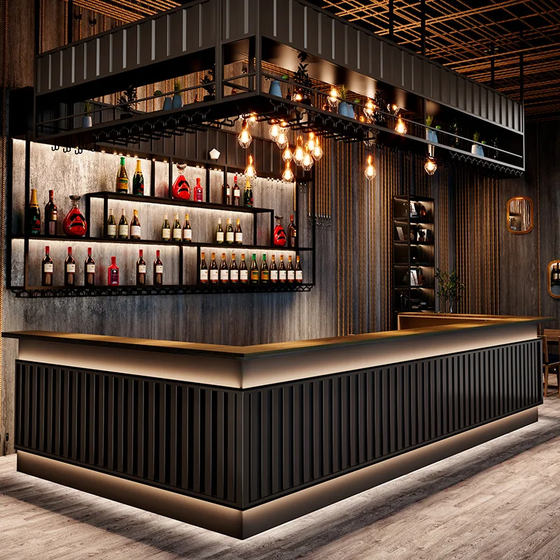 Wooden Cafe Counter Coffee/Milk Tea Bar Showcases LED Lighting Shop Design