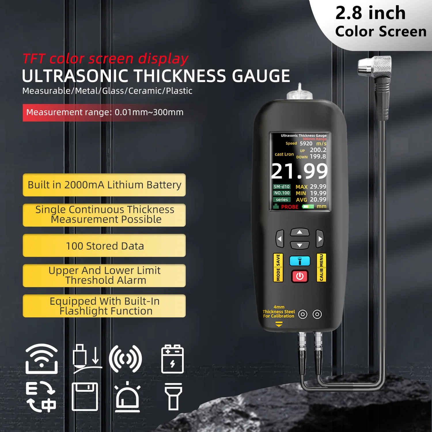 Smart Ultrasonic Thickness Gauge 2.8 inch Color Screen Single/Continuous Thickness Measurement Rechargeable Thickness Gauge