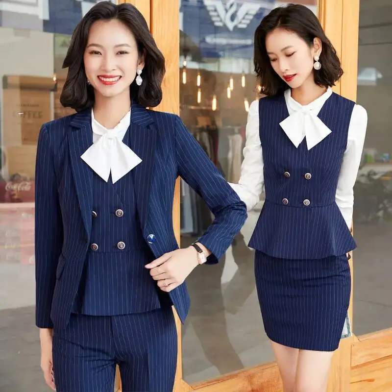Fashion Striped Formal Business Suits Women Professional Office Work Wear Blazers Autumn Winter Career Interview Outfits