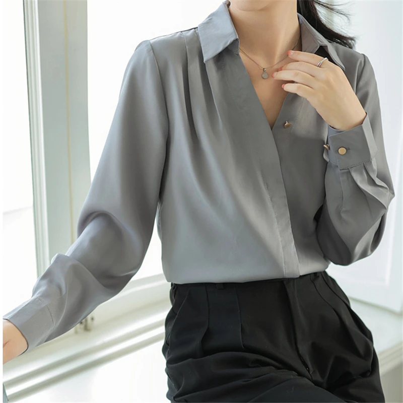 Blusa coreana con cuello en V para mujer, camisa informal de manga larga con botonadura única para oficina, Tops grises para mujer 2023