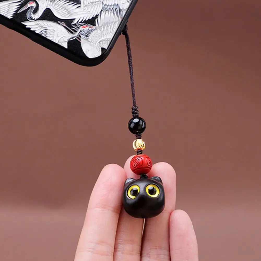 Style Pendant Phone Pendent Decoration Hand-woven Sandalwood Key Chain Lucky Cat Pendant Mobile Phone Ring Key Chain Strap