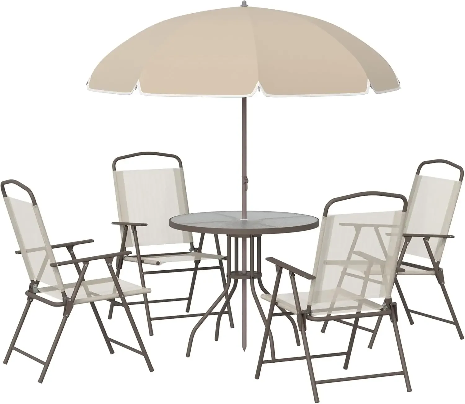 6 Piece Patio Dining Set for 4 with Umbrella, Outdoor Table and Chairs with 4 Folding Dining ChairsBackyard and Poolside, Beige