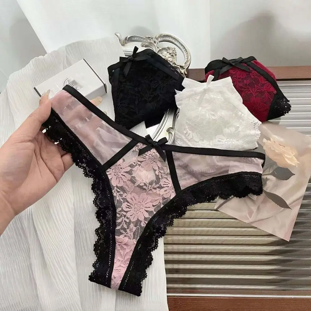 

Breathable Patchwork Mesh Floral Bowknot Panties Thong Hollow Out Lace Flower Transparent Briefs Cotton Crotch Low Waist Lady