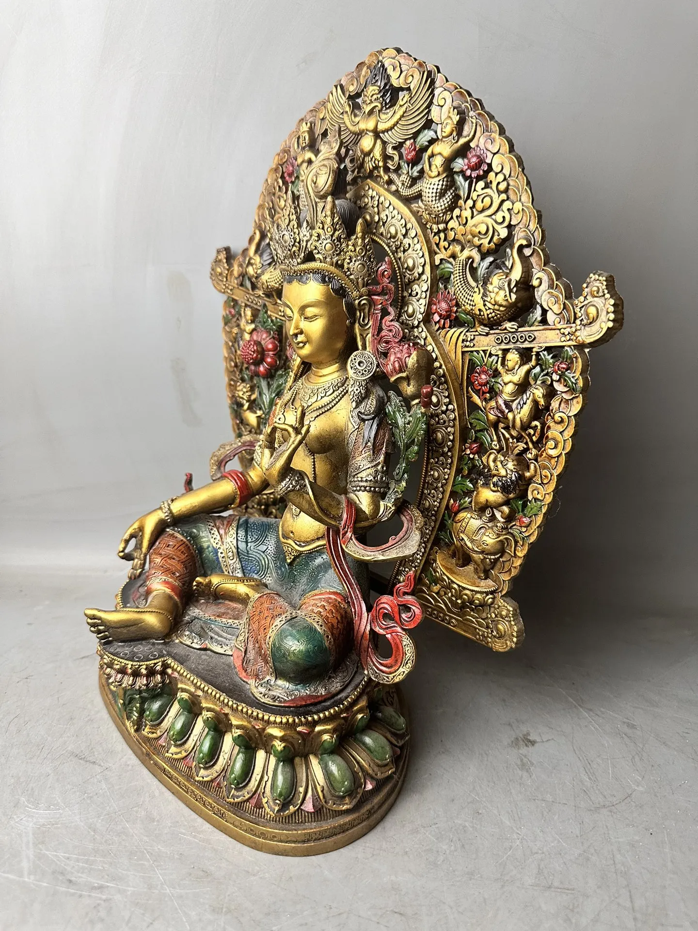 Old Tibetan Late Qing Dynasty Bronze Lacquer Gold Painted Green Tara Statue Height 36cm, length 27cm, width 15cm