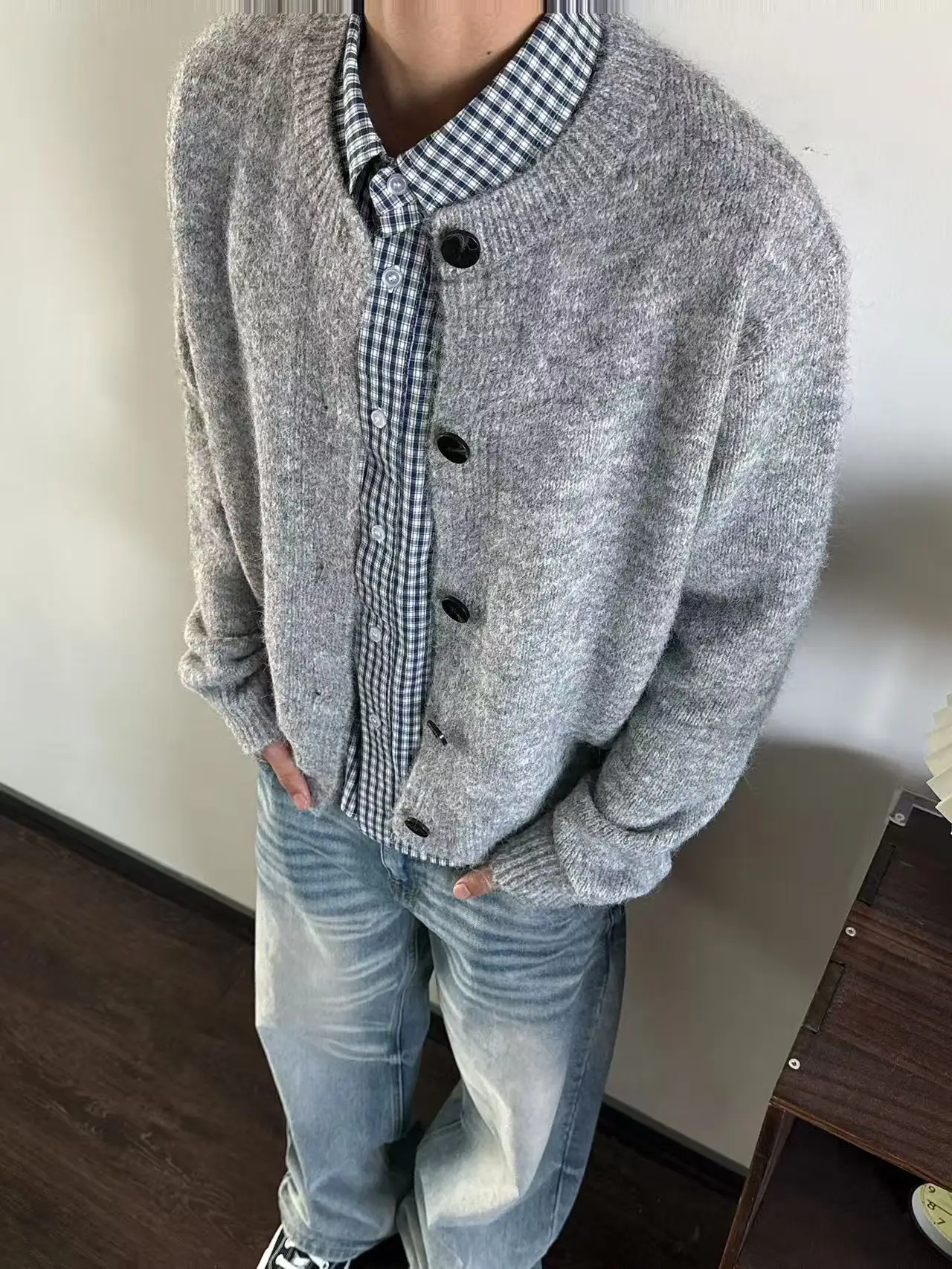 

Американский ретро корейский Sle ey круглый открытый кардиган свитер мужской осенне-зимний свободный вязаный верхняя одежда модный