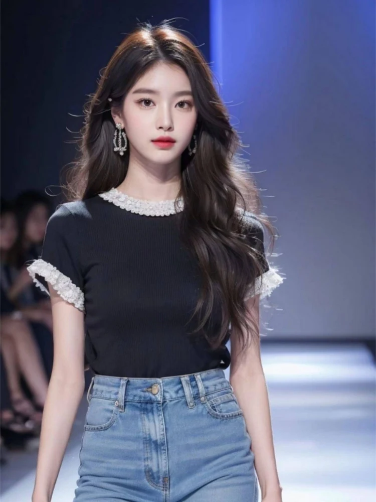 Bla camiseta de madeira feminina verão ort sve topo coreano sle corte reto cor pura commute faion sensação legal