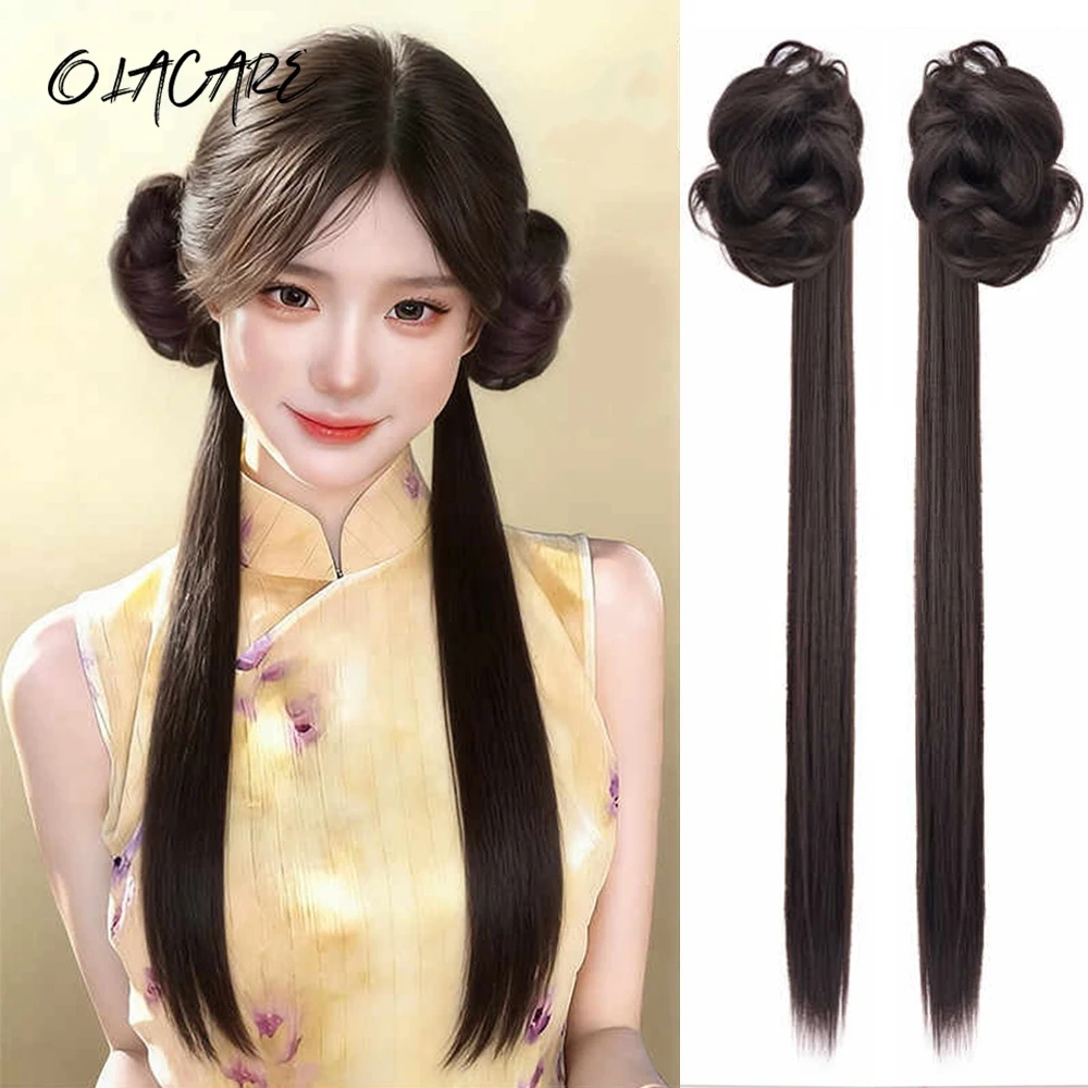 Synthetic New Chinese Style Claw Clip Messy Bun Chignon Long Straight Ponytail Natural Fluffy Ancient Style Hanfu Ponytail Wig