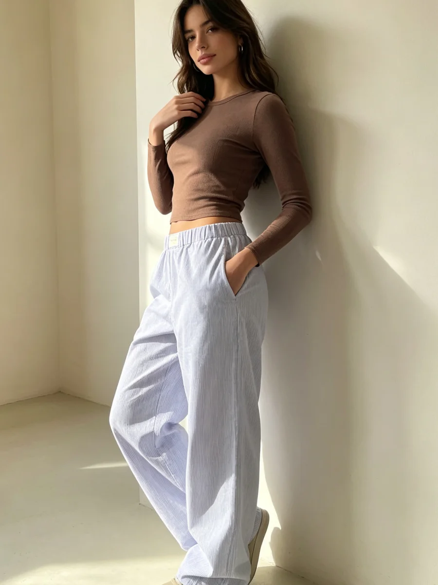Women's Striped Stretch Waist Loose Straight-Leg Pants Y2K Street Casual Trousers (Pink/Blue)