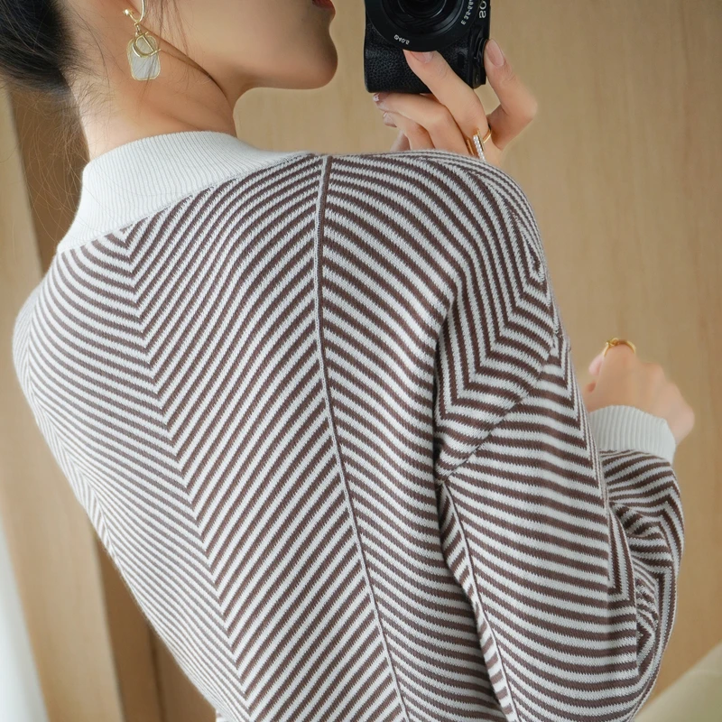 Pure Cotton Sweater Women\'s Spring Autumn New Half High neck Knitted Pullover Loose and Thin Fashion Striped Color Matching Top