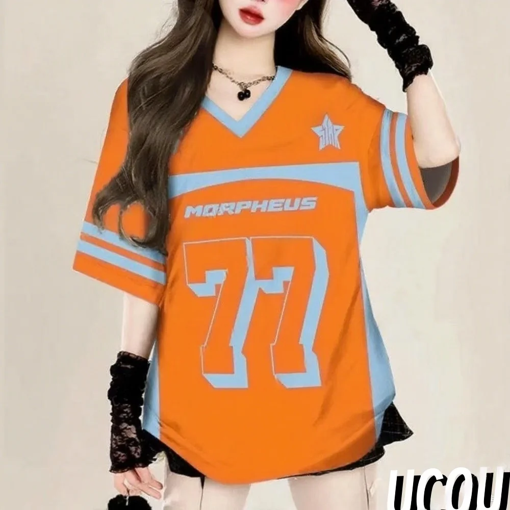 

Американские повседневные буквы номер77, женская футболка с v-образным вырезом и коротким рукавом, летняя футболка, бейсбольные майки в полоску, большие спортивные топы